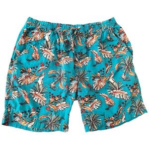 Super Massive Men's Shorts L Blue Tropical Bird Print 100% Cotton Elastic Waist